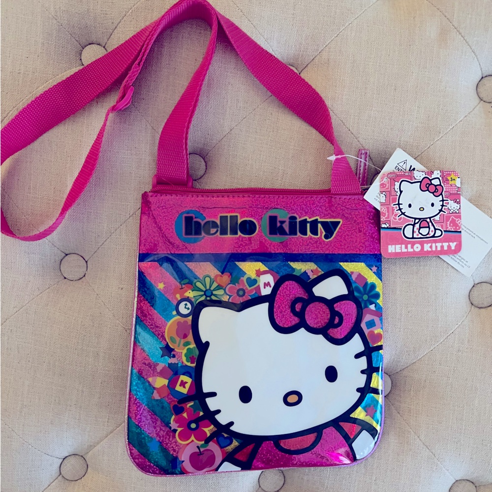 Hello Kitty Adjustable Shoulder Strap Handbag Purse 9x8 Rainbow Hearts Girls Kid